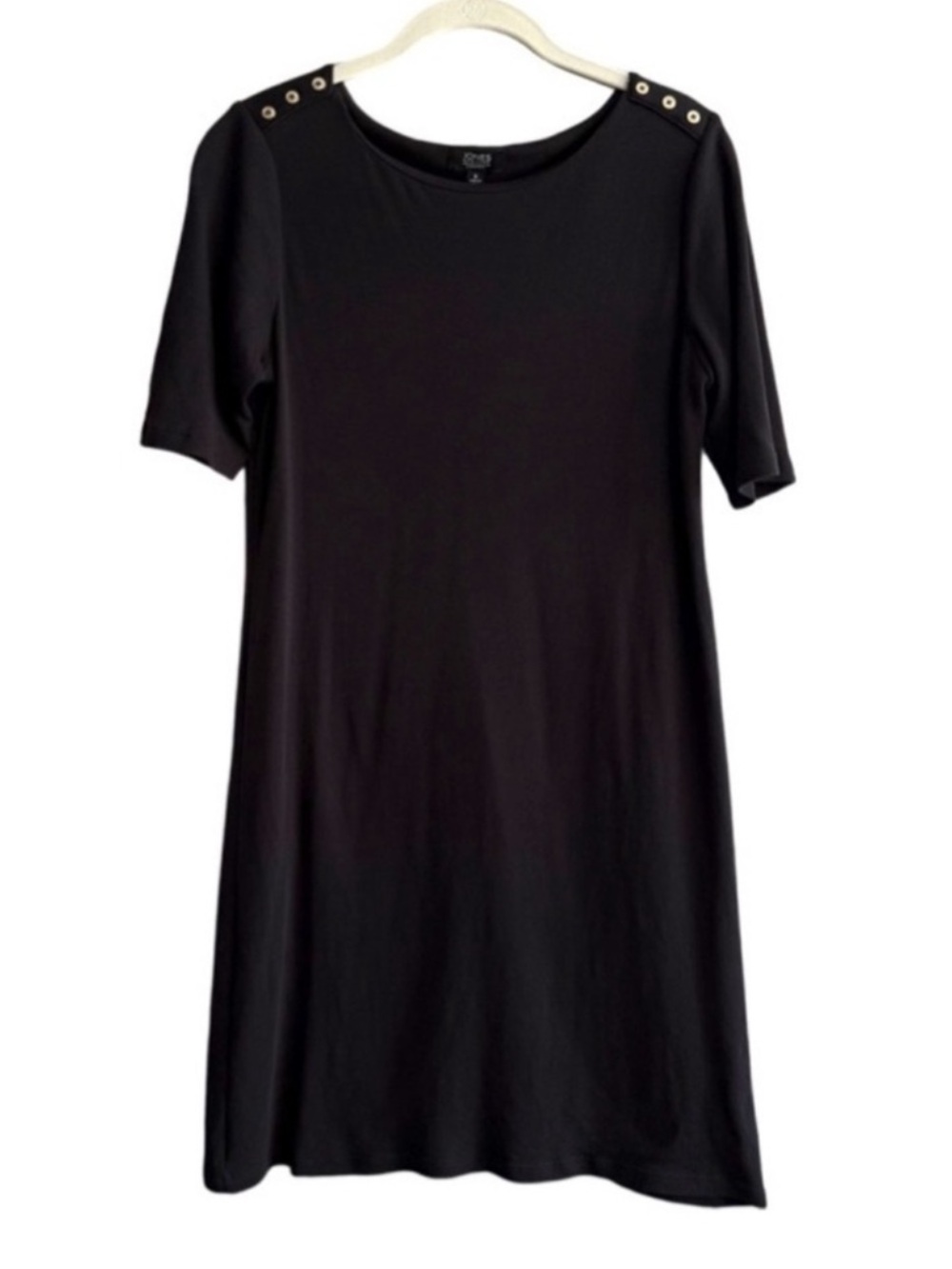 Jones New York Short Sleeve Shift Dress Button Details Cotton Knit Black Size S